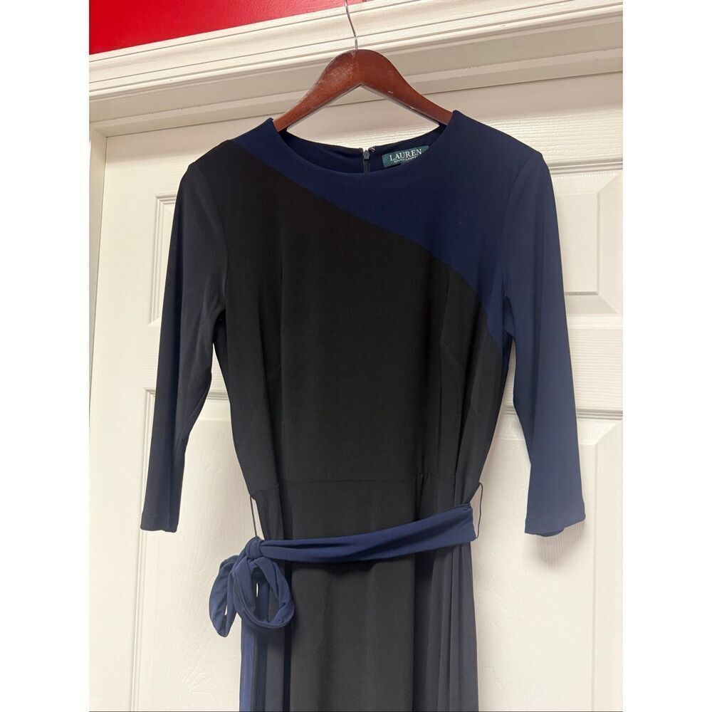 Lauren Ralph Lauren Black & Navy Color Block Belt Tie 3/4 Sleeve Dress sz 12 EUC